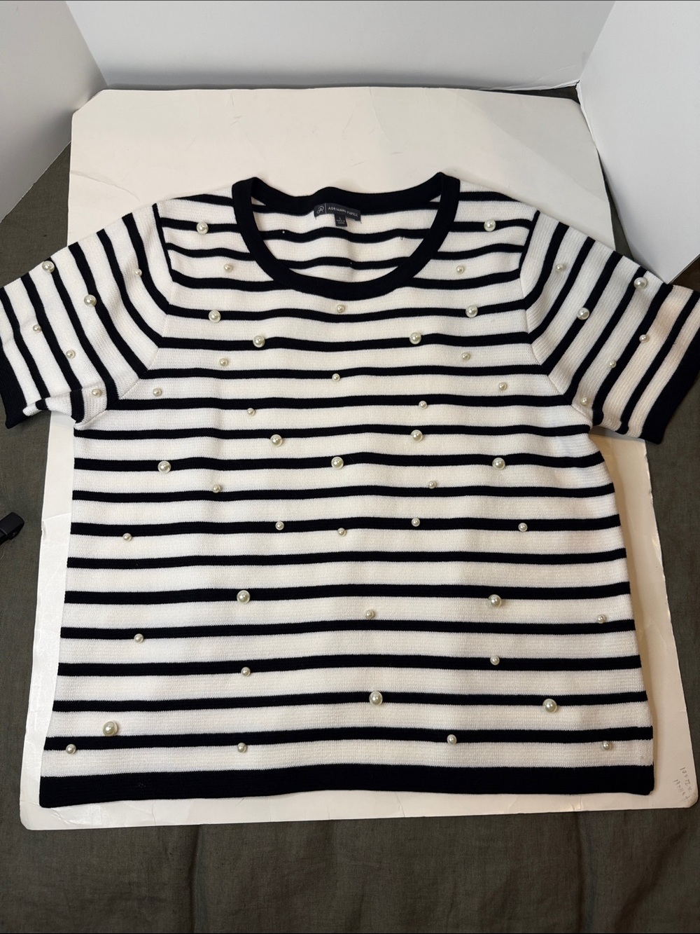 Adrianna Papell women’s Black & White Striped Pearl-Embellished Knit Top